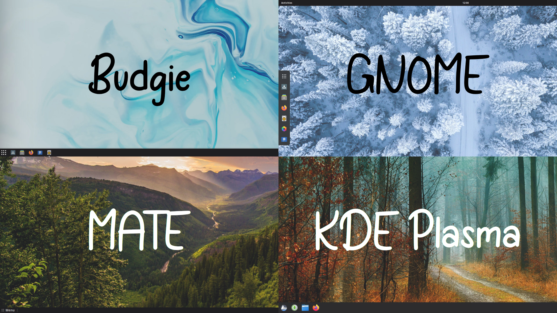 Displays a preview of Budgie, GNOME, Plasma and MATE desktop environments