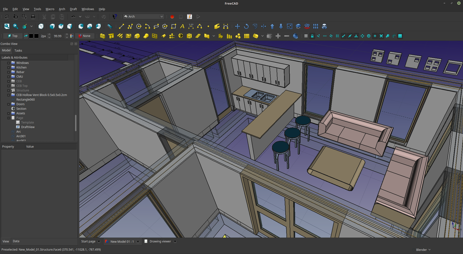 Perspective view of a house layout in FreeCAD